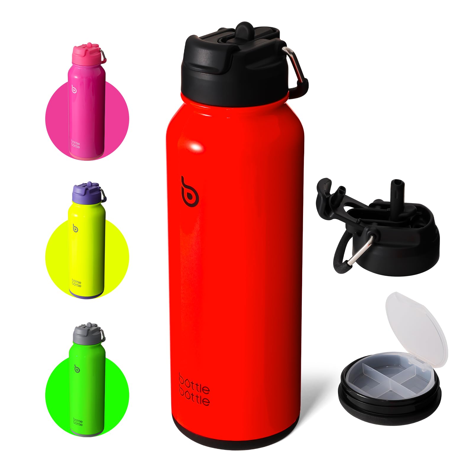BOTTLE BOTTLE 40 oz sports water bottle stainless steel insulated water bottle with straw and pills holder (neon red)