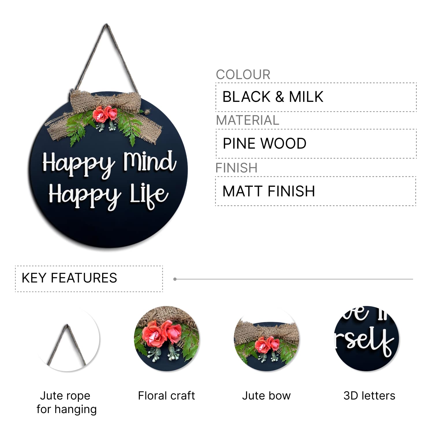 Happy Mind Happy Life Wall Hanging Quote Wall Hanger for Home Decor | Office | Gift | Bedroom | Wall Art For Living Room | Moder