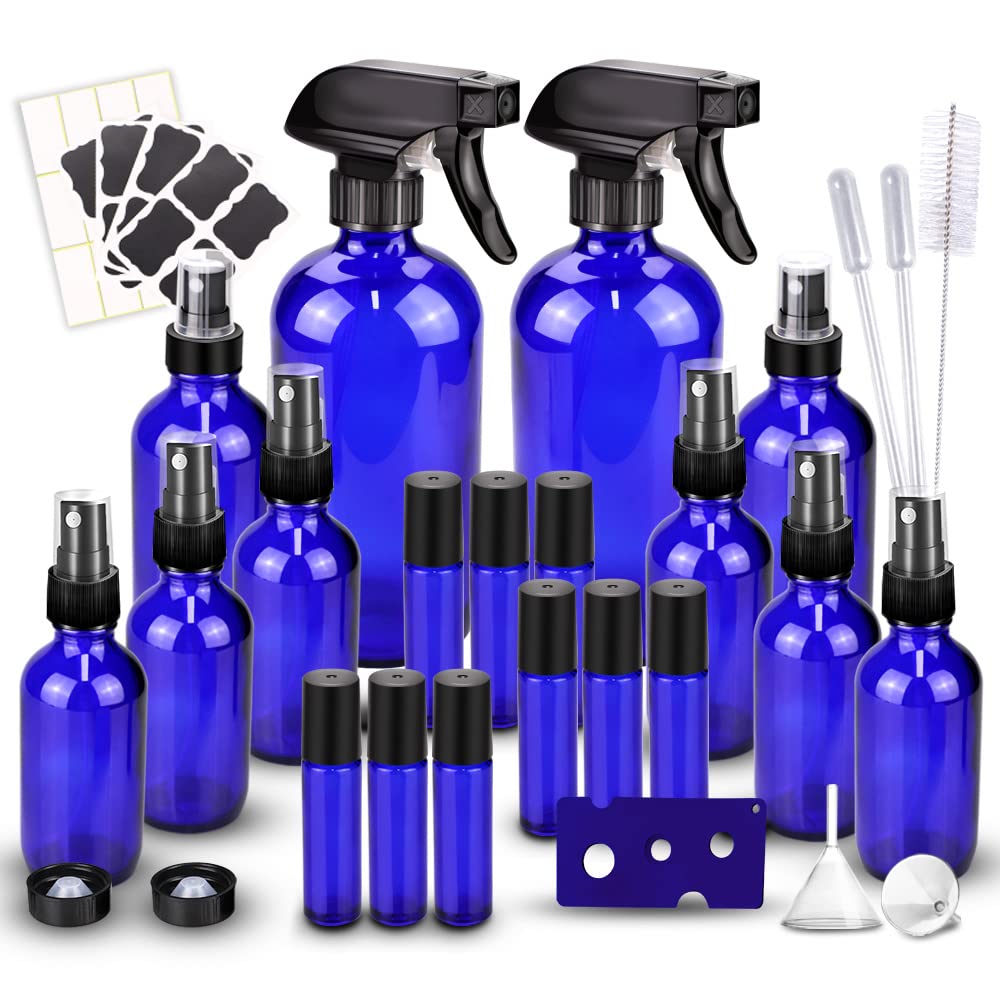Loretoy Glass Spray Bottle Kit  10 (2  16 Oz, 2  4 Oz, 6  2 Oz), 9  10 Ml Roller Bottles, Anti Uv, Multi Size And Versatile, Sui