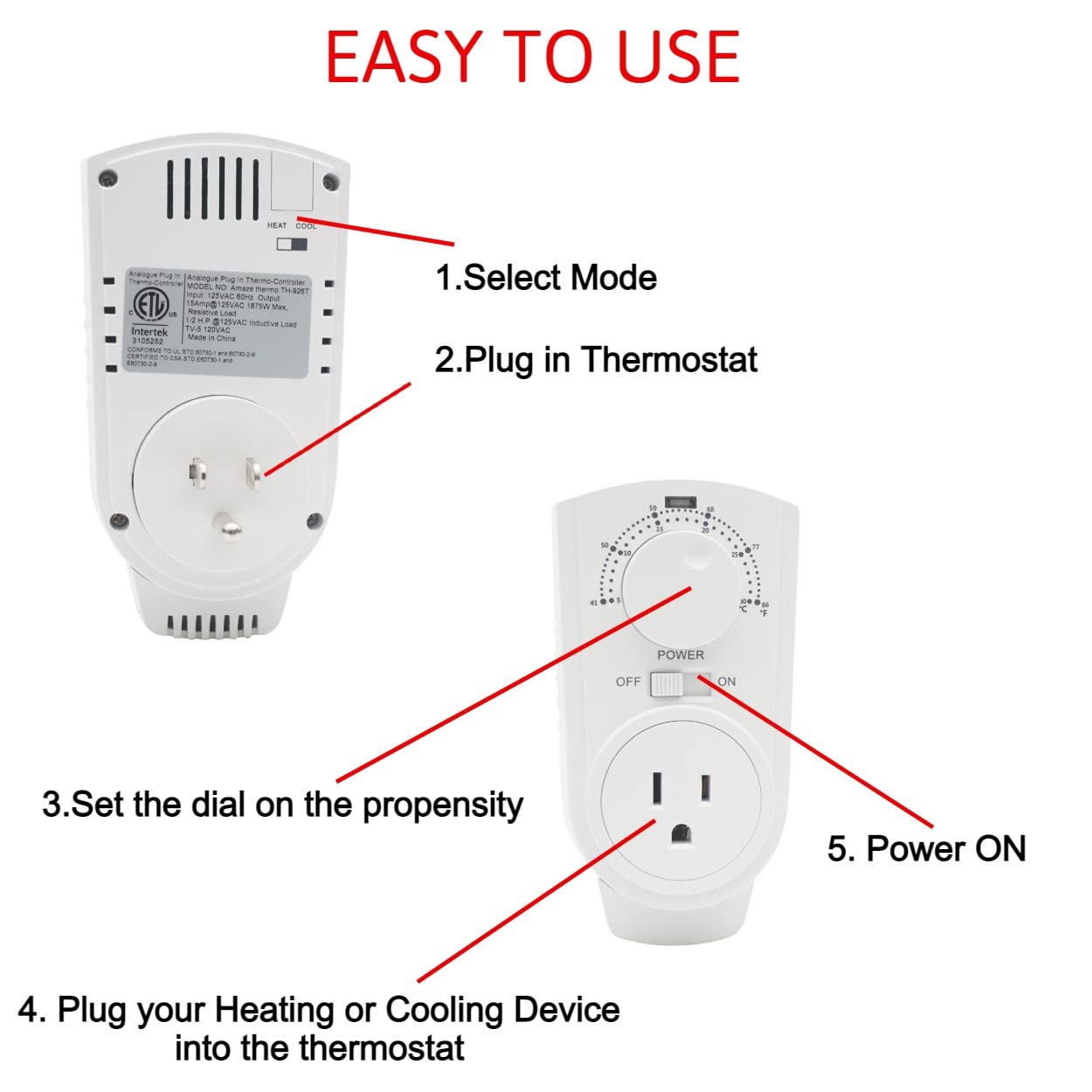 Amaze-Heater Plug-in Thermostat - Compatible with Heaters & ACs, Model TH-926T, White, 4.5 x 3.5 x 2.5 inches