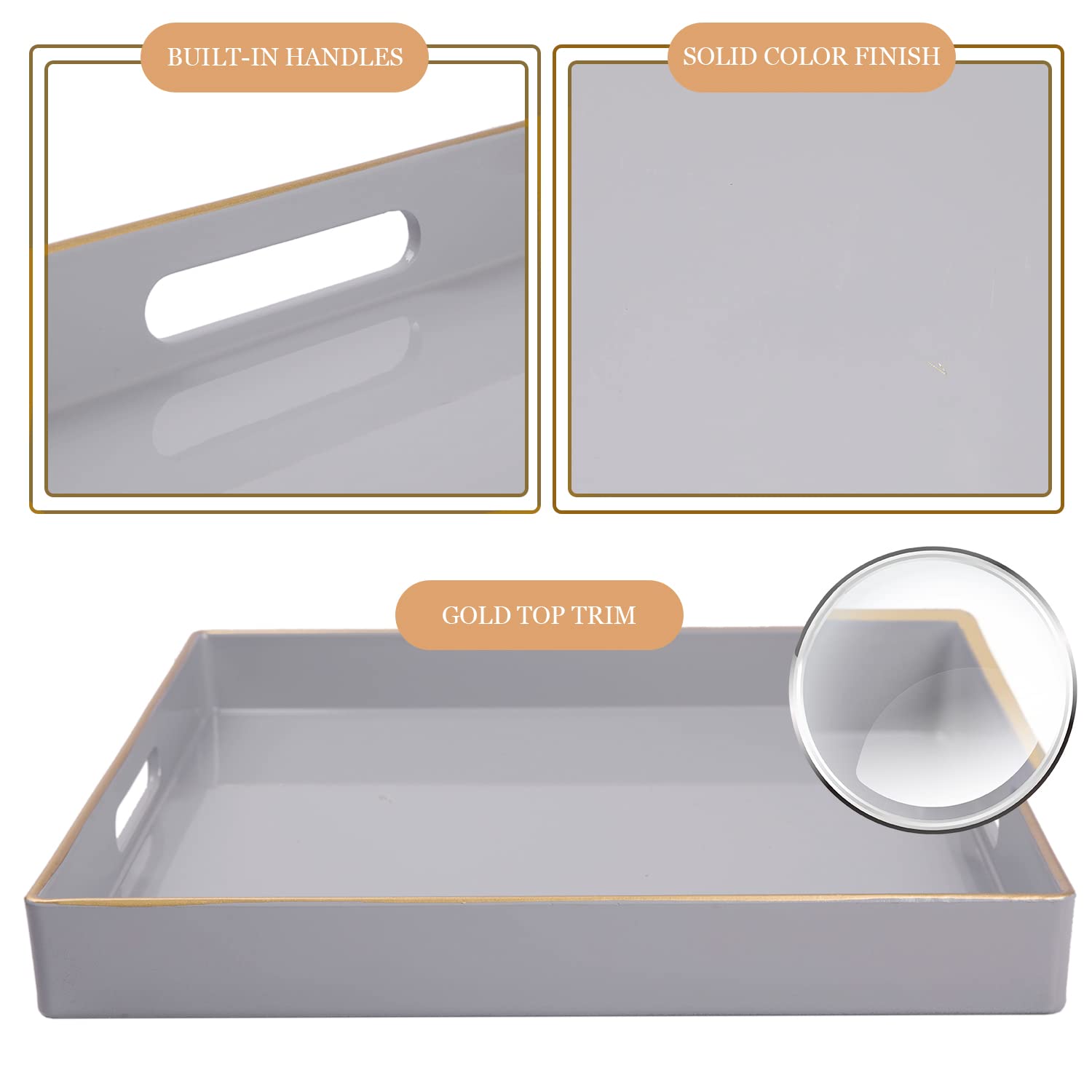 MAONAME Decorative Tray  Gray Serving Tray with Handles  Coffee Table Tray  Square Plastic Tray for Ottoman  Bathroom  Kitchen  13''x13''x1.57''