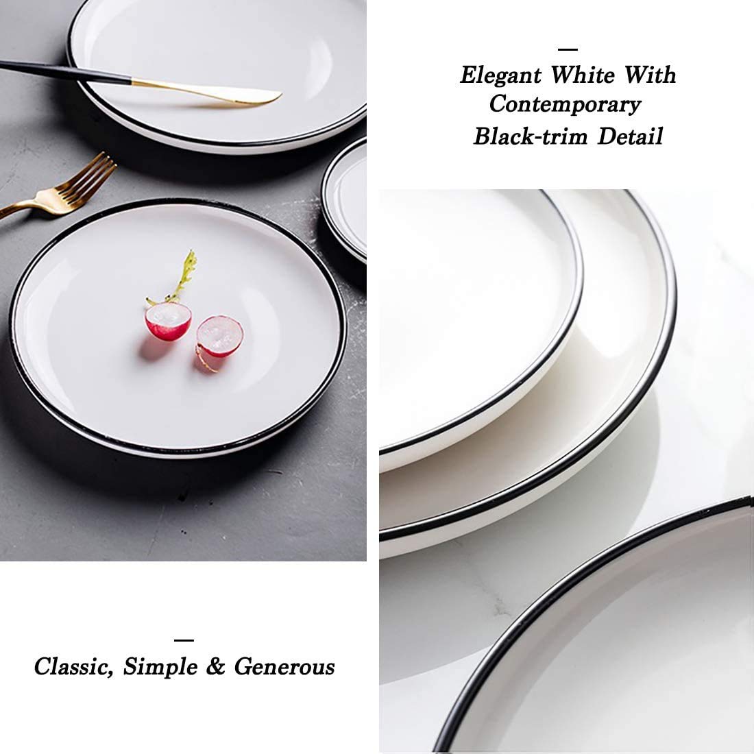 Bonnoces 6-Inch Small Porcelain Appetizer Plates, White With Black Edges Dinner Side Dishes Serving Plate, Dessert, Salad, Snack