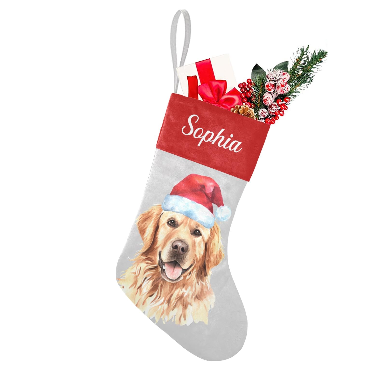 Personalized Santa Hat Golden Retriever Christmas Stockings with Name Custom Xmas Gift Fleece Holiday Decoration Gift 17.52 x 7.