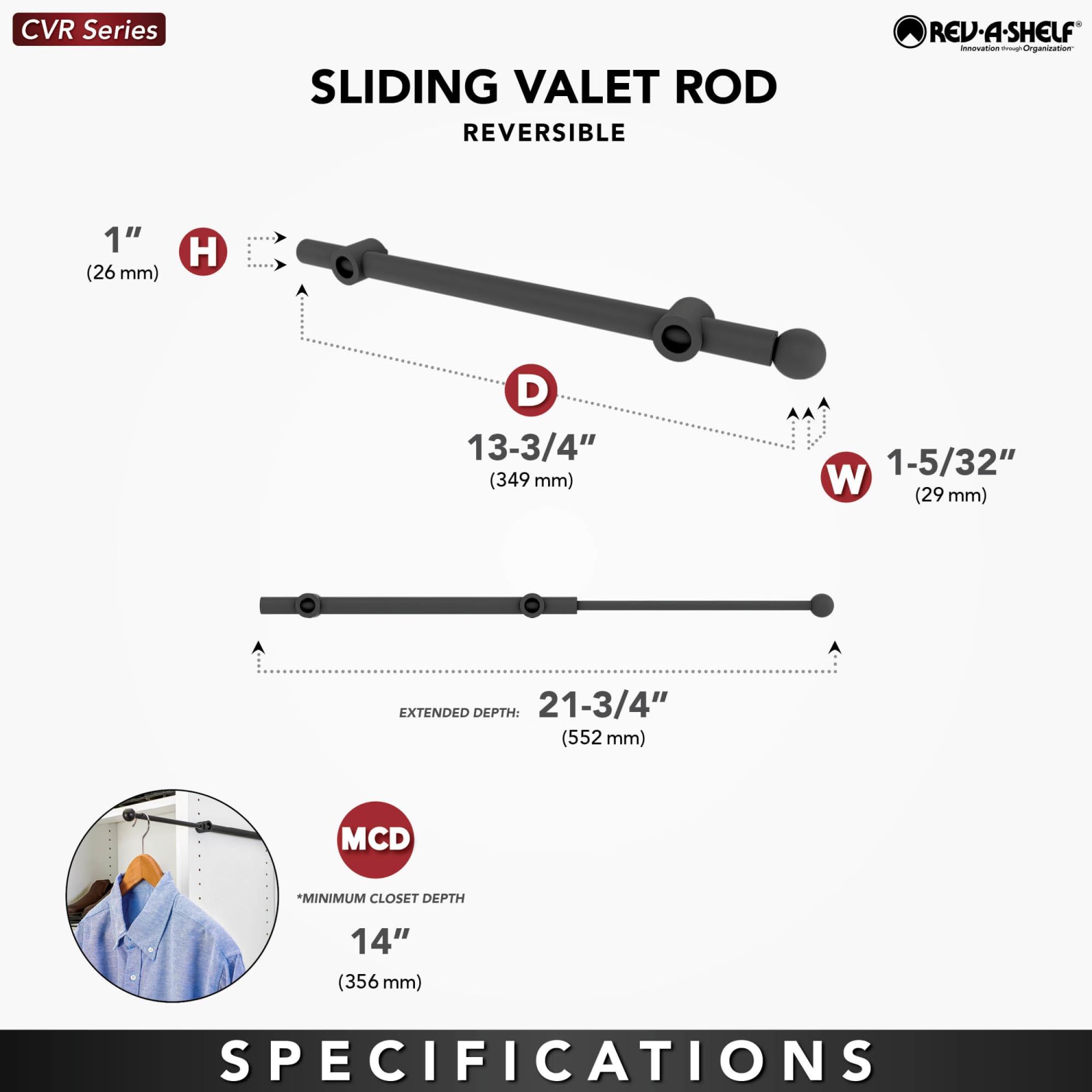 Rev-A-Shelf 14'' Pull Out Valet Rod for Closet Organization  Extendable Sliding Clothes Storage Hanging Rack with Mounting Hardware  Chrome  CVR-14-CR