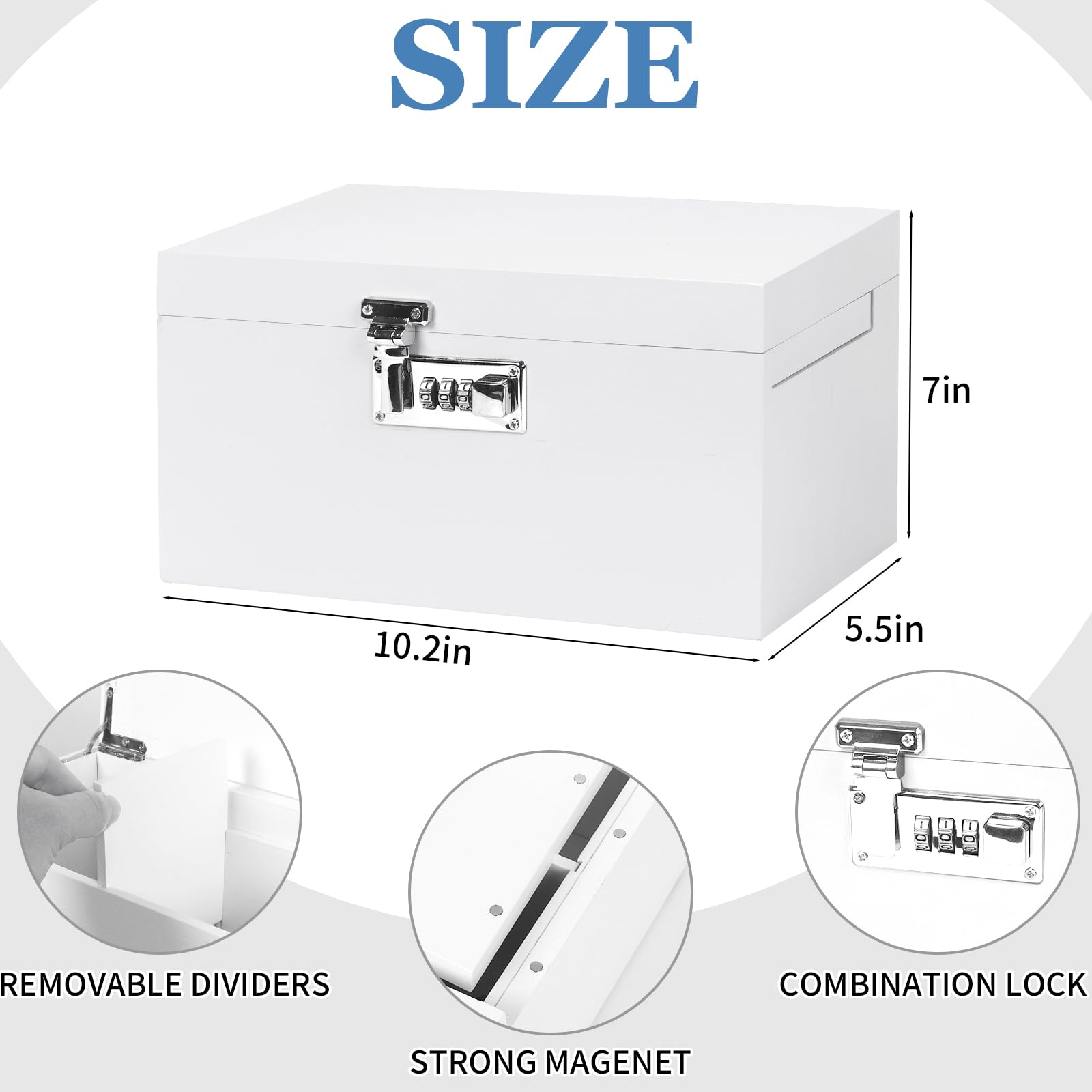 Large White Bamboo Box with Combination Lock, Decorative Storage Box with Removable Tray & Detachable Compartment, Wooden Boxes