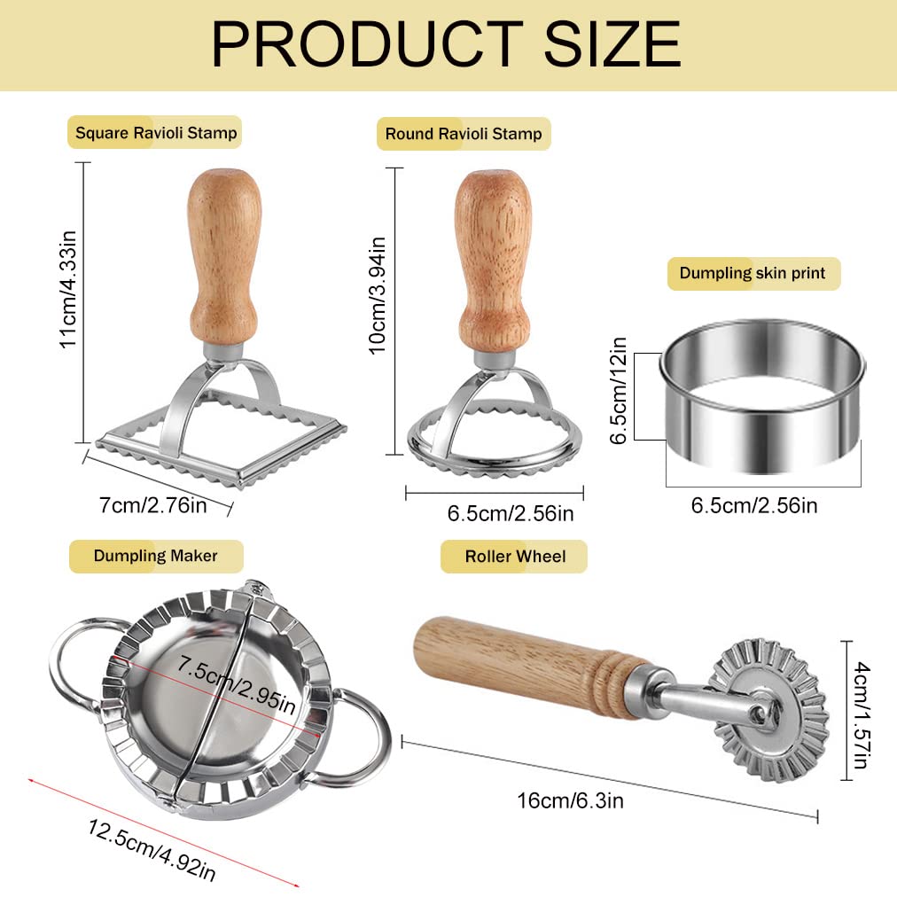 Ravioli Pasta Cutter Wheel Set Of 5, Ravioli Maker Cutter With Roller Wheel Ravioli Cutter Set With Wooden Handle, Pasta Press W