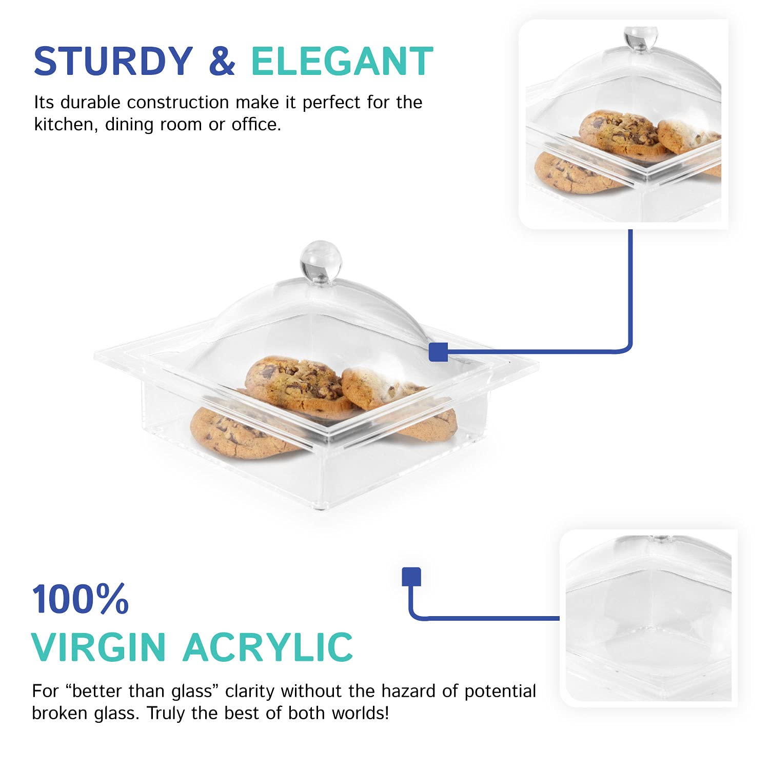 Huang Acrylic Clear Square Serving Dish Food Tray With Lid | Display Snacks, Pastries, Desserts, Appetizers, And Treats | Perfec