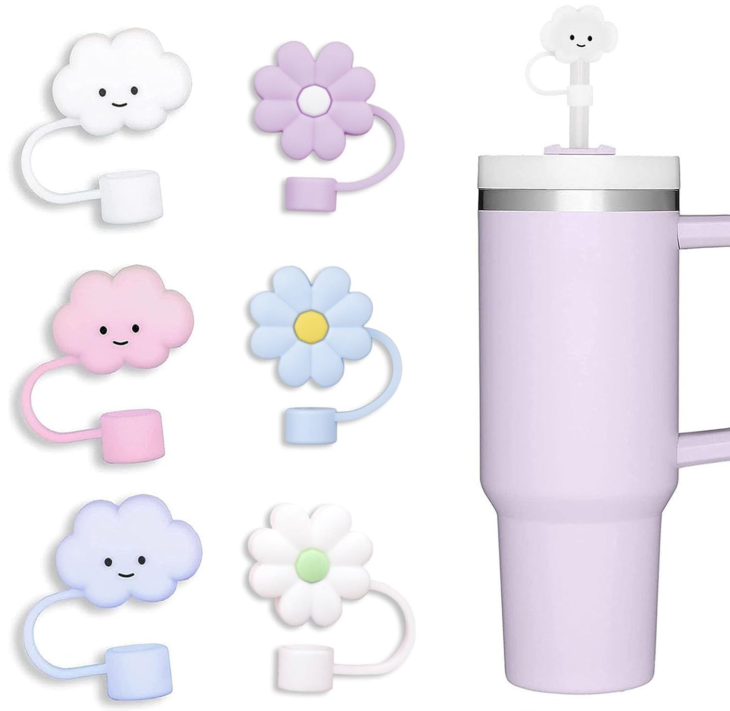 10Mm Straw Cover, 6Pcs Straw Covers Cap For Stanley Cup 40 Oz 30 Oz Food Grade Silicone Cute Large Cloud Flower Straw Topper Tip