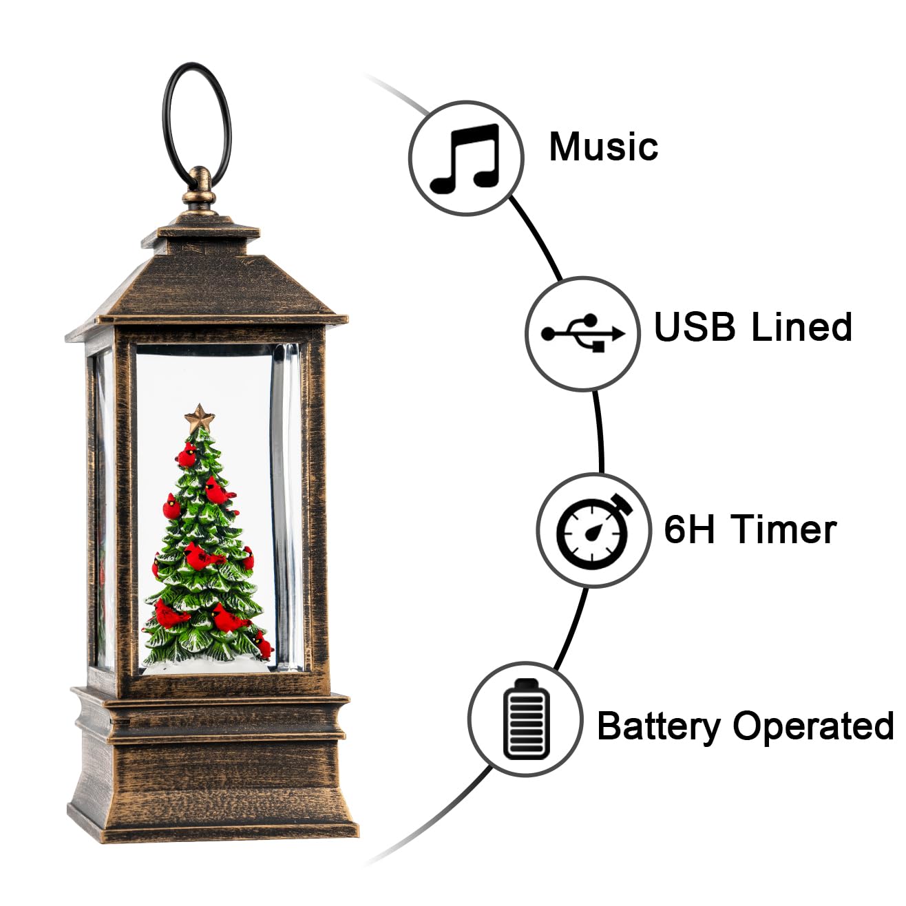 VISFLAIR 10 Lighted Christmas Tree Cardinal Music Snow Globe Water Lantern with Swirling Glitter Decoration for Christmas Home