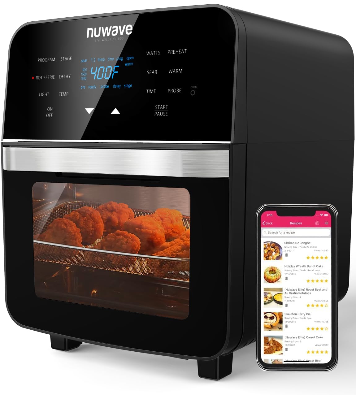 Nuwave Brio 15.5Qt Air Fryer Rotisserie Oven, X-Large Family Size, Powerful 1800W, 4 Rack Positions, 50-425F Temp Controls, 100