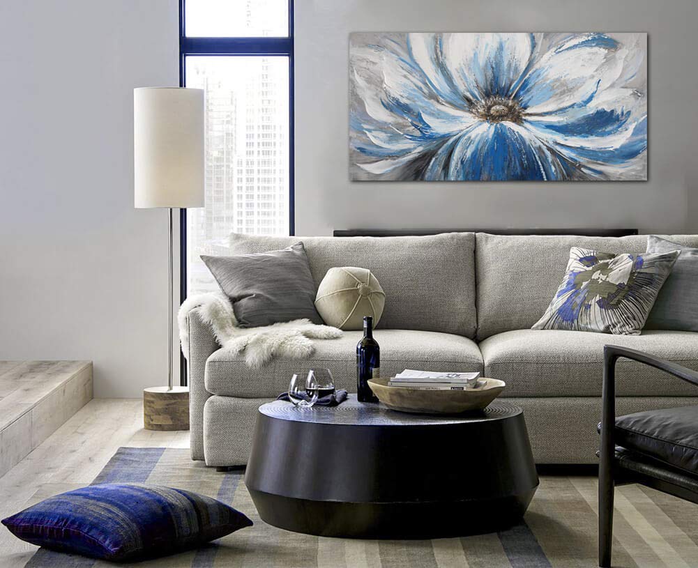 Flower Canvas Wall Art for Living Room Large White Blue Flower Picture Giclee Print Painting Wall Decor Framed Artwork Ready to Hang for Home Bedroom Wall Decoration Size 24x48