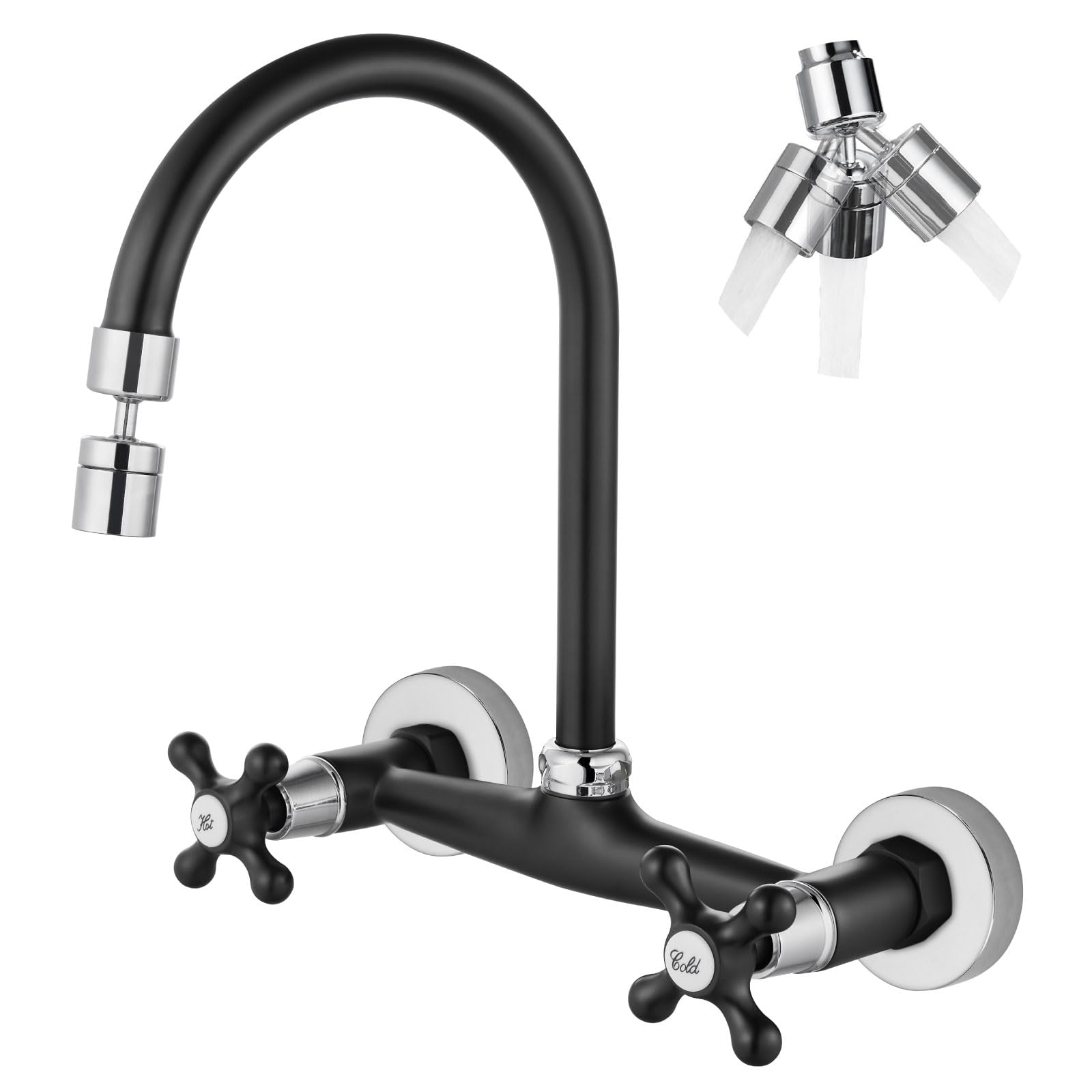 Airuida Matte Black & Polished Chrome Wall Mount Faucet with Sprayer Commercial Kitchen Faucet 8 Inch Center Utility Sink Faucet 360 Degree Swivel Spout Restaurant Sinks Laundry Room Faucet