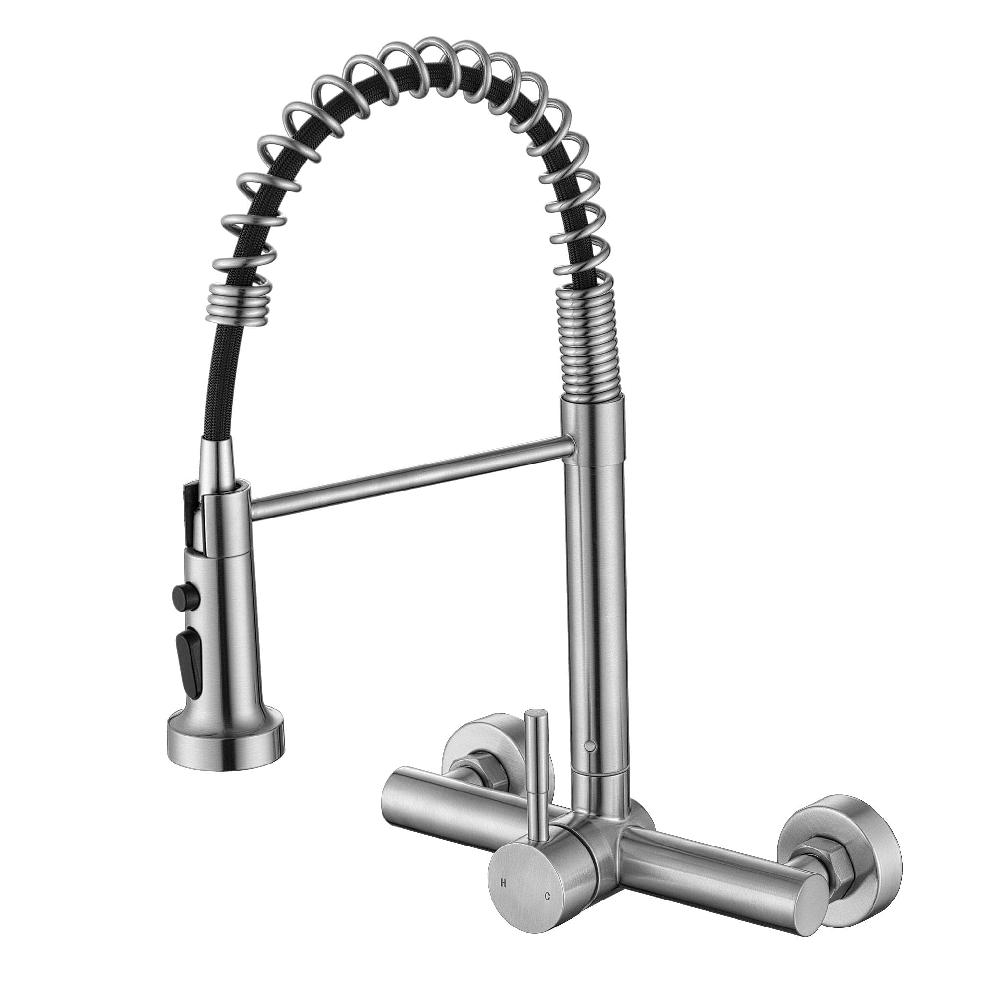 Zhyich Wall Mount Kitchen Faucet With Pull Out Sprayer, 8 Inch Center Commercial Kitchen Sink Faucet, Spot-Free Stainless Steel,