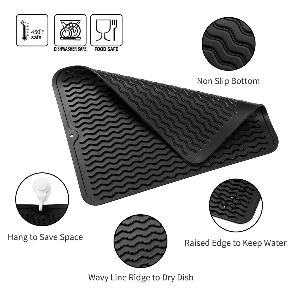 MicoYang Silicone Dish Drying Mat for Multiple Usage Easy clean Eco-friendly Heat-resistant Silicone Mat for Kitchen Counter or Sink Refrigerator or drawer liner Black L 16 inches x 12 inches