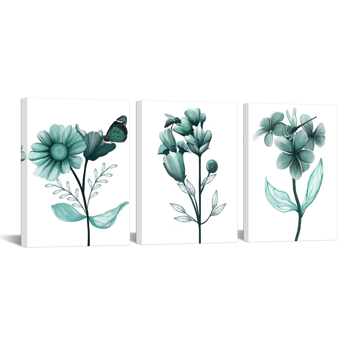 Sechars 3 Piece Flower Canvas Wall Art Teal Green Floral Painting Art Prints Transparent Floral With Butterfly Picture Artwork M