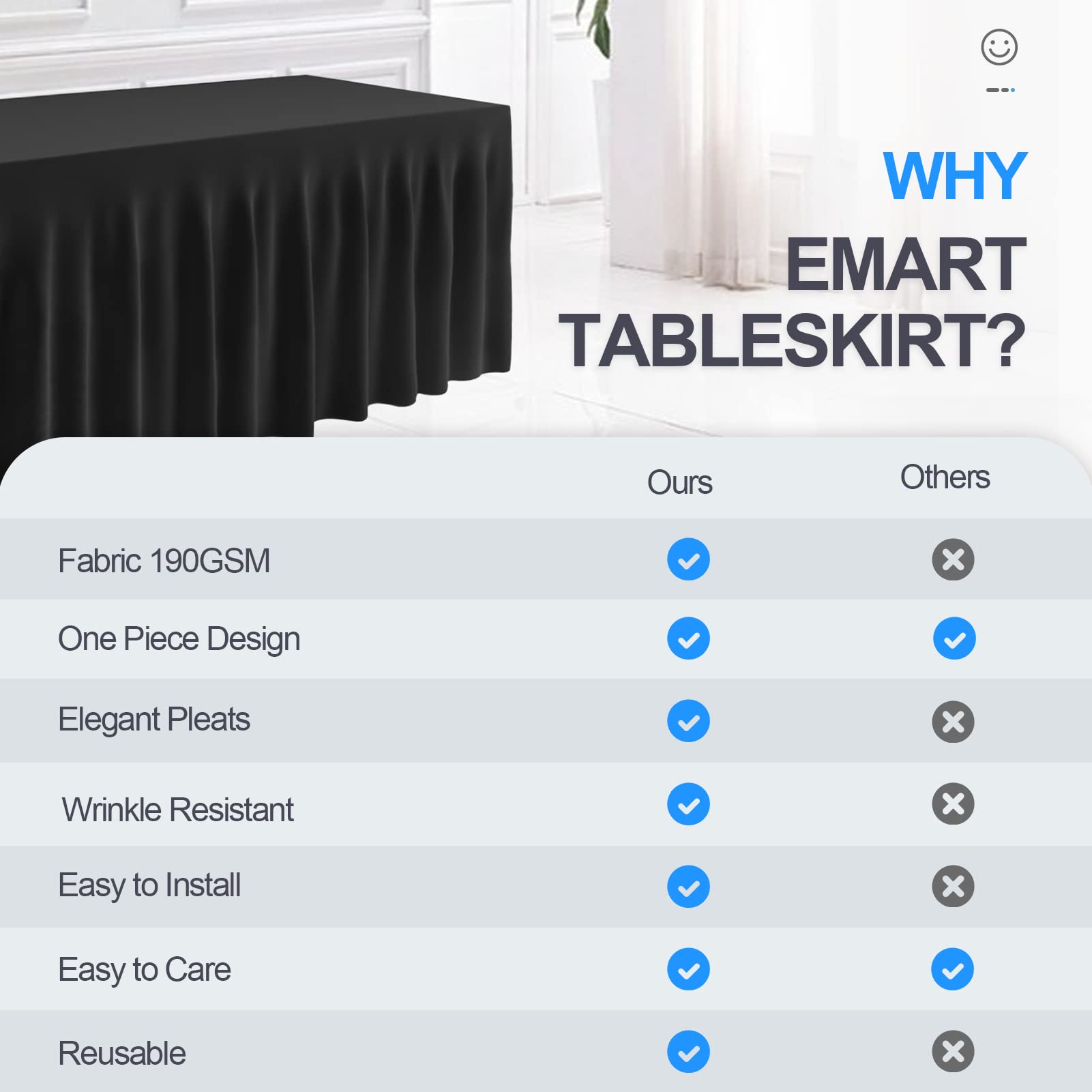 Emart Rectangle Table Skirt For 6Ft, Black Spandex Tablecloth Wrinkle Resistant Cover For Banquet Wedding Birthday Party
