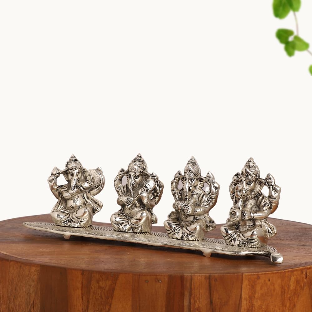Smiles Gift Silver Plated Musical Ganesh Idol | Aluminium Figurines | Showpiece For Table, Pooja, Mandir & Return Gift