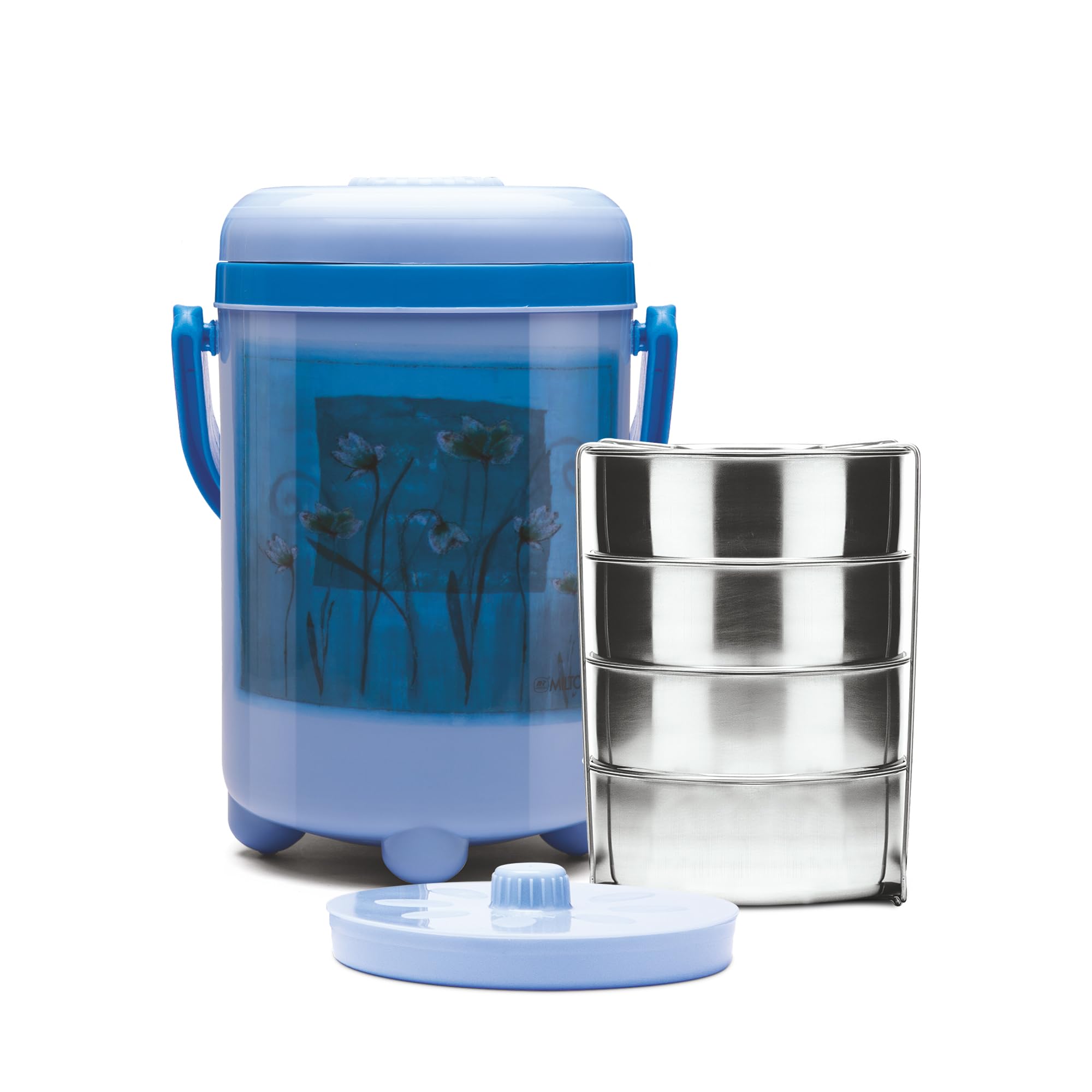 Milton Knight 4 Insulated Tiffin, 4 Stainless Steel Containers, 260 Ml Each And 1 Papad Box, Blue, Pu Insulated, Food Grade, Eas