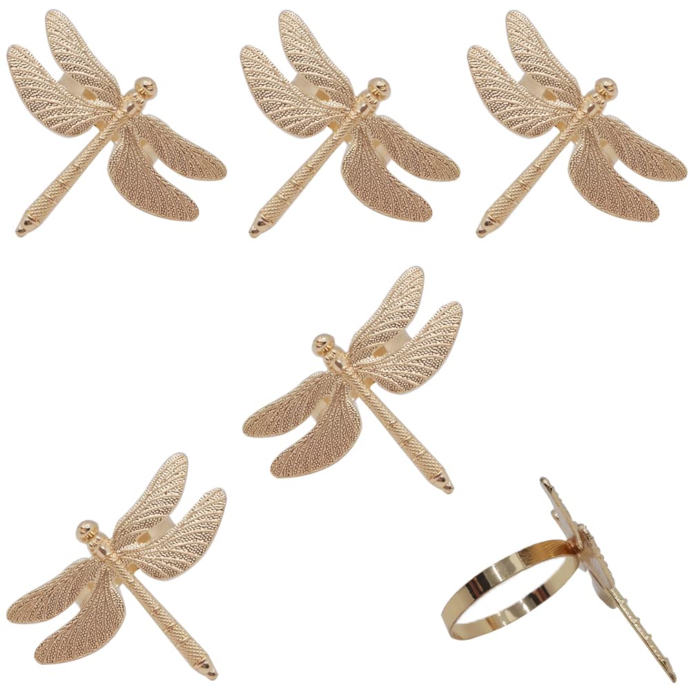 Cpellesse 6 Pcs Gold Napkin Ring Dragonfly Napkin Rings Holders Insect Napkin Rings Buckle For Thanksgiving,Christmas, Family Ga