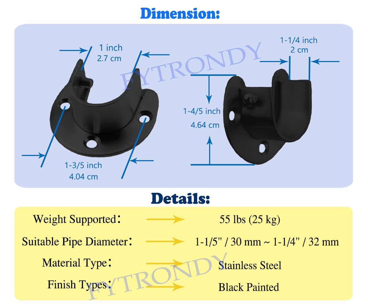 Fytrondy Black Edition Stainless Steel Wardrobe Closet Rod Bracket, U-Shaped Open Type Socket Bracket, Shower Curtain Rod Pole E