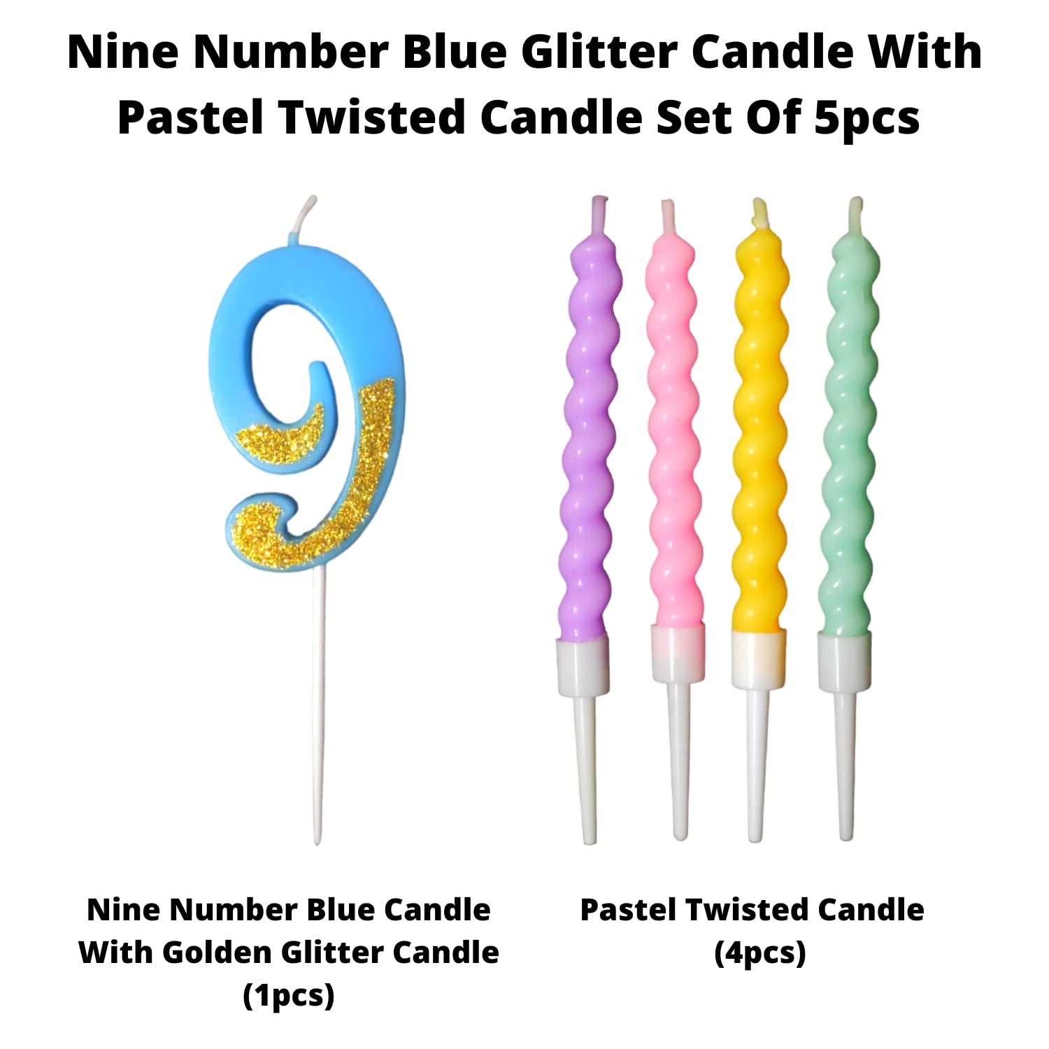Party Decorz Number 9 Candle | Nine Number Candle | Nine Number Blue Glitter Candle with Pastel Twisted Candle Set of 5pcs for B