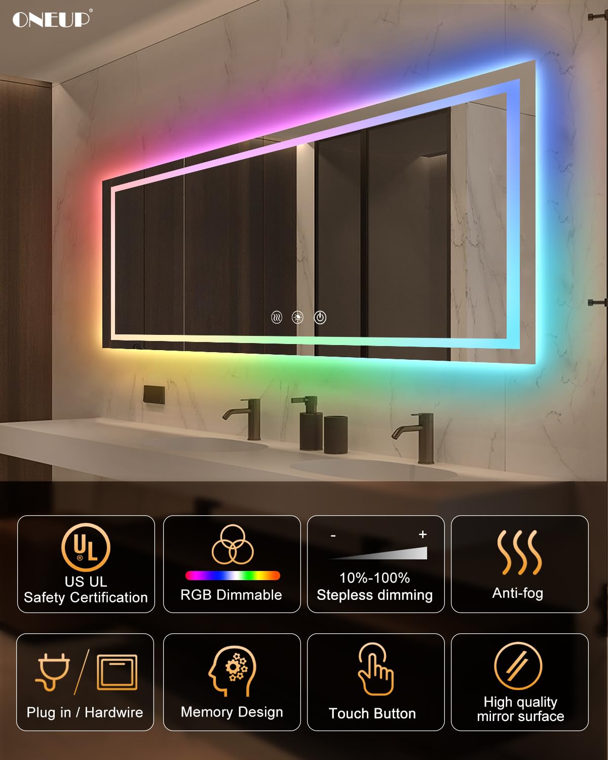 Oneup 60X30 Inch Smart Led Bathroom Mirror,Rgb Color Changing Bathroom Mirror With Lights,Anti-Fog Wall-Mounted Vanity Mirrors,D