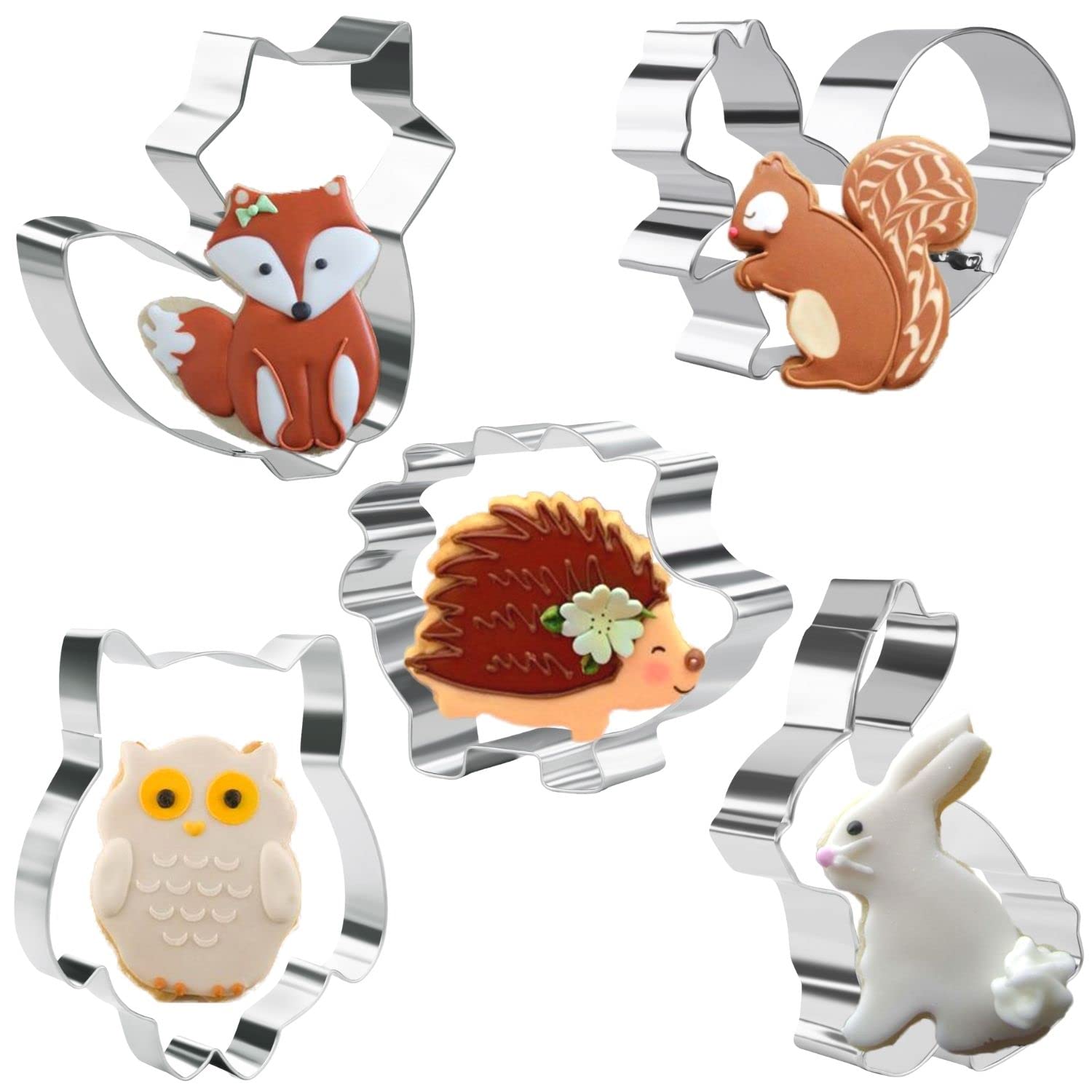 Kaishane 5 Pieces Animals Cookie Cutters Shapes For Baking Fox,Owl,Rabbit,Squirrel And Hedgehog Shape Woodland Cookie Cutter Set