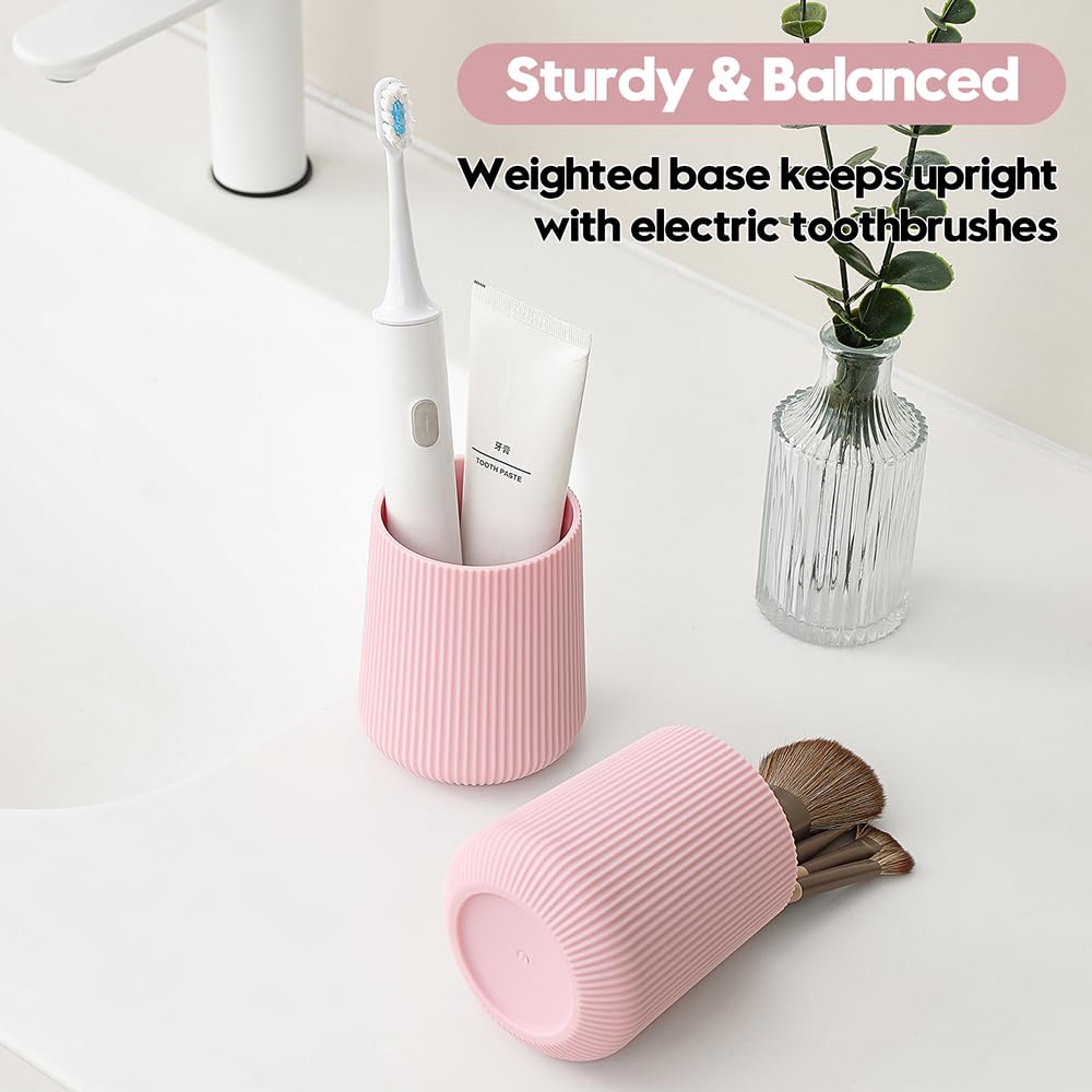YAUKPH Pink Striped Toothbrush Holder for Electric Toothbrushes Bathroom Organizer for Toothpaste Kids & Adults