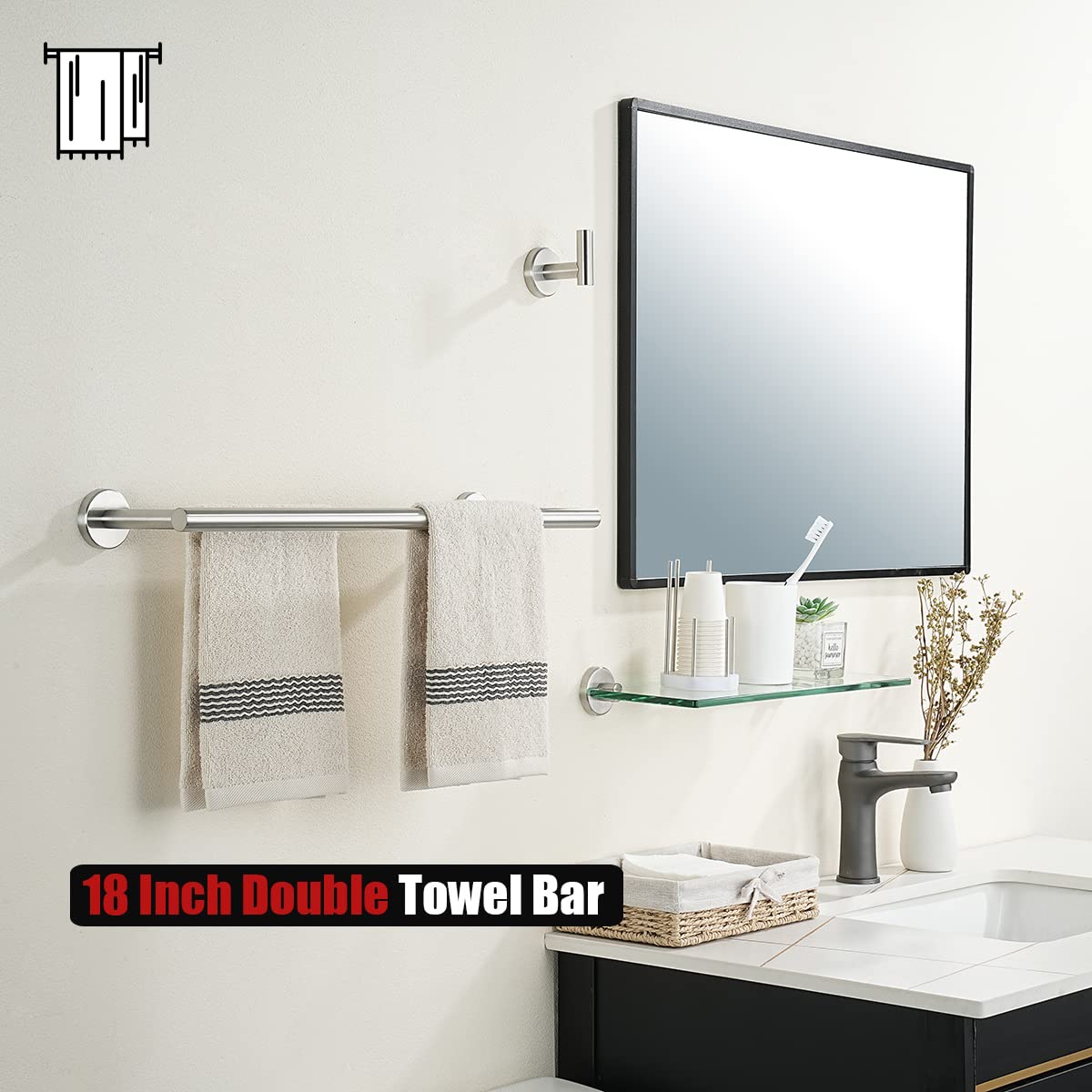 JQK Double Bath Towel Bar  18 Inch 304 Stainless Steel Thicken 0.8mm Towel Rack Bathroom  Towel Holder Brushed Finished Wall Mount  Total Length 20.47 Inch 2 Pack  TB100L18-BN-P2