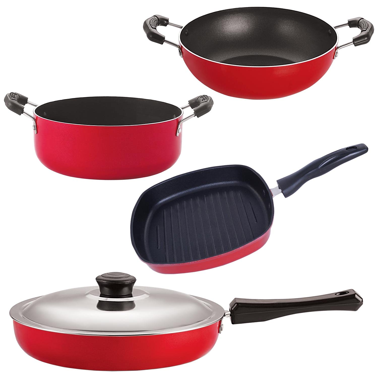 Nirlon Non Stick Aluminium Heat Resistance Cookware Set Of 4 Pieces With Bakelite Handle (Gas Compatible) (Fp10_Kd10_Gp24.5_Cs24