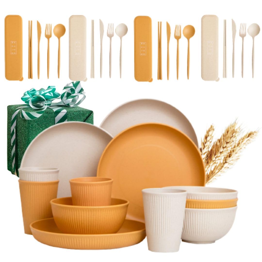 Wheat Straw Dinnerware Sets - Yellow Dinnerware Set w/Wheat Straw Plates, Bowls & Utensils - Safe for Microwave & Dishwasher, Se