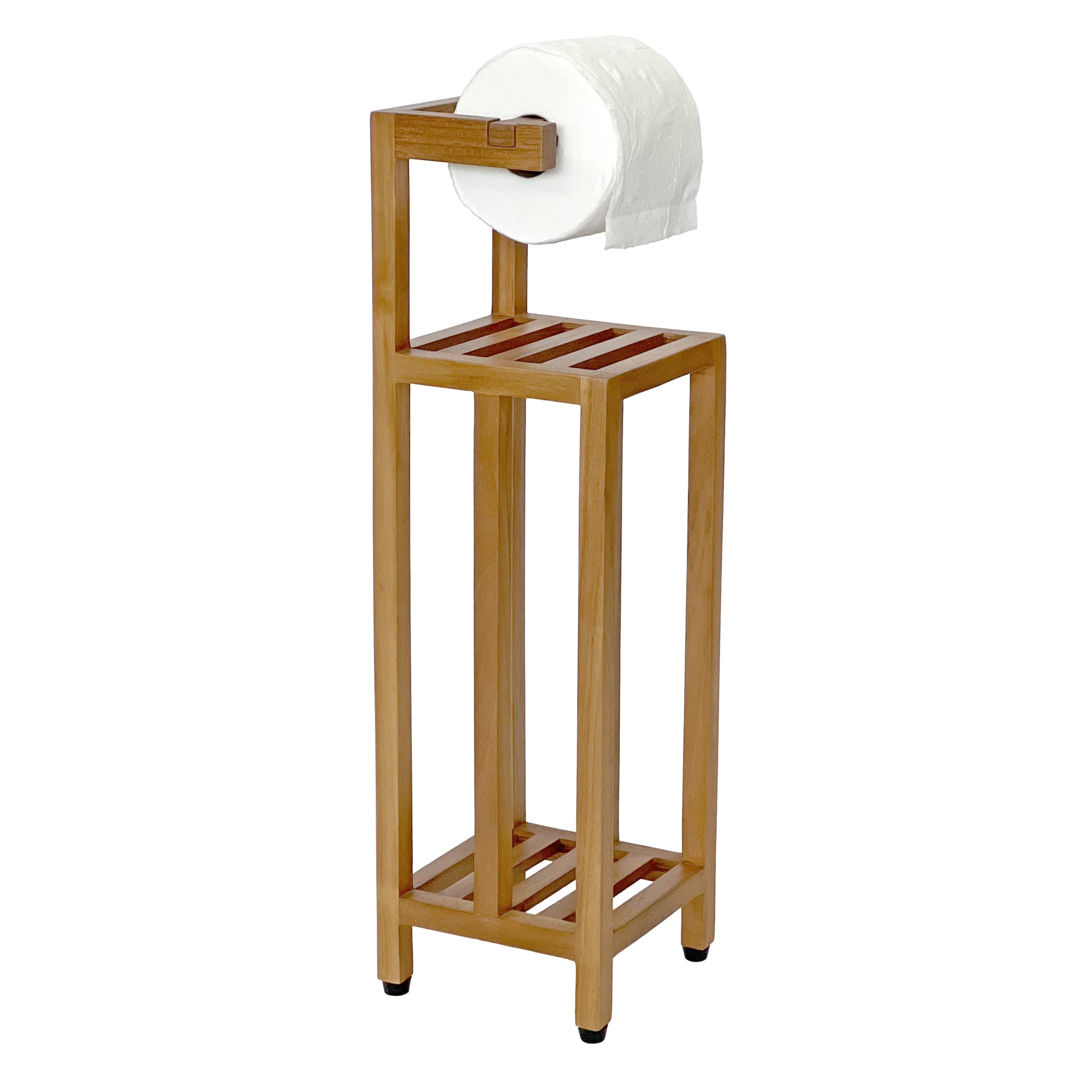 Solid Teak Toilet Paper Holder Stand With Shelf, Freestanding Bathroom Toilet Paper Roll Holder With Reserve, Standing Toilet Pa
