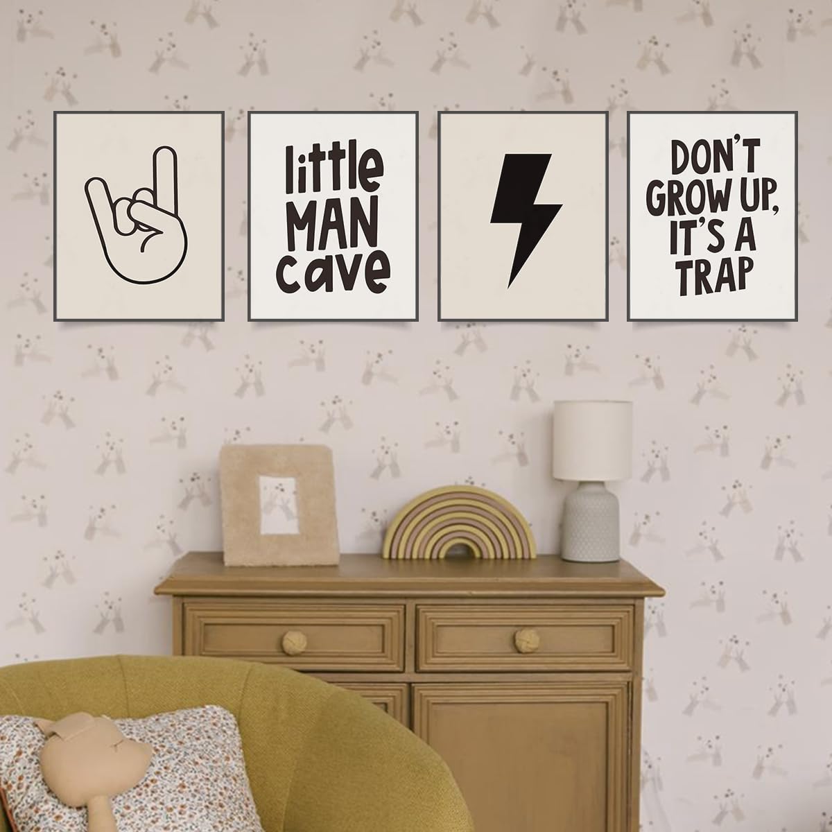 Plkmn Little Man Cave Wall Art Prints,Preppy Peace Hand Lightning Sign Poster Prints For Boys Teen Bedroom Playroom Dorm Decor,D