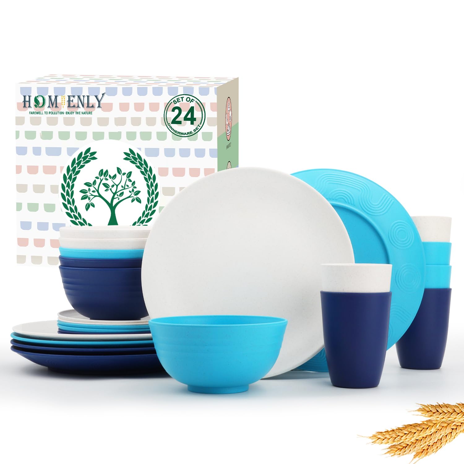 Homienly 24 PCS Wheat Straw Dinnerware Set for 6, Dinner Plates,Dessert Plates,Cereal Bowls,Drinking Cups,Unbreakable Dishwasher