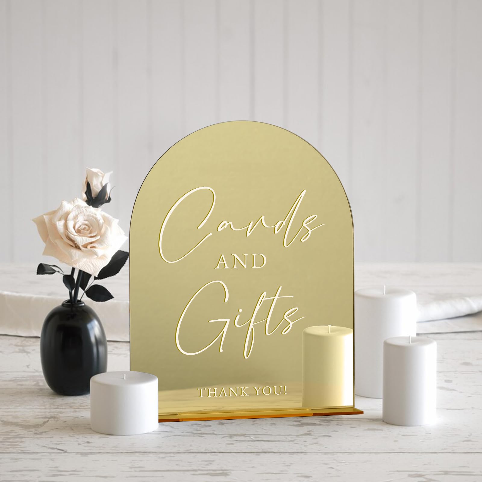 Cards and Gifts Sign with Stand- 8x10 Gold Mirror Acrylic Wedding Sign and Base,1/8 Thick | Modern Calligraphy White Lettering A