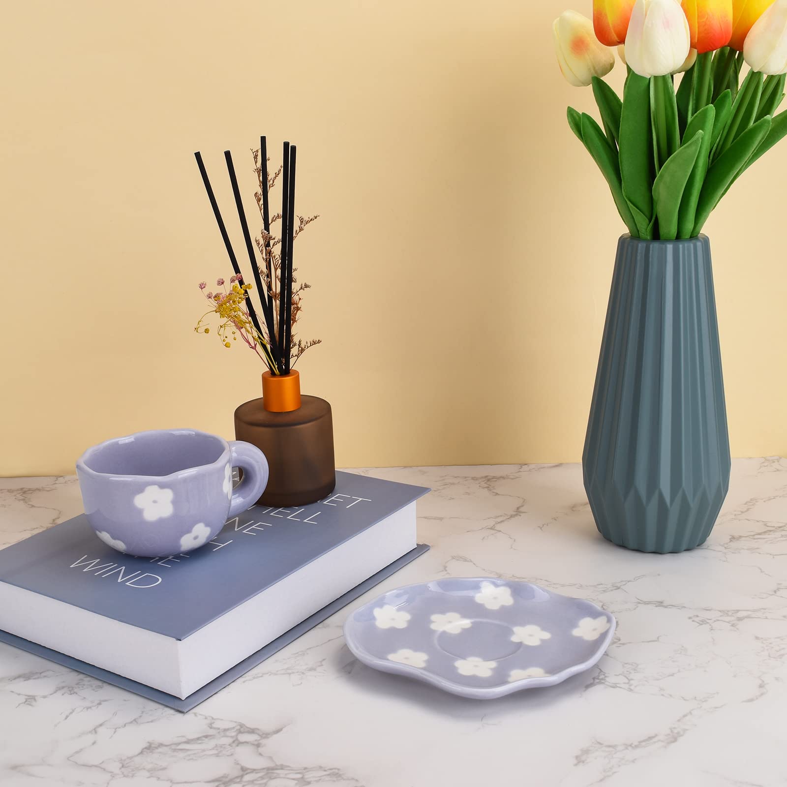 Koythin Ceramic Coffee Mug With Saucer Set, Cute Creative Cup Unique Irregular Saucer Design For Office And Home, 6 Oz/180 Ml Fo