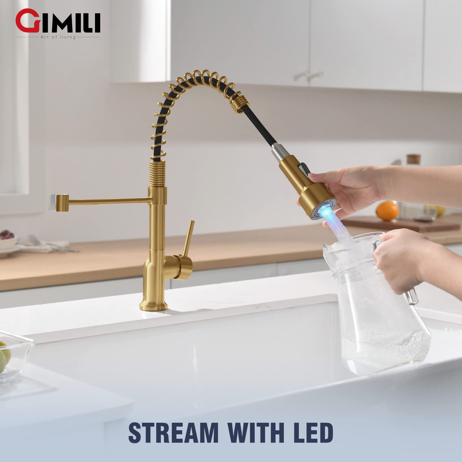Gimili Brushed Gold Kitchen Faucet With Pull Down Sprayer Single Handle Led Kitchen Sink Faucet