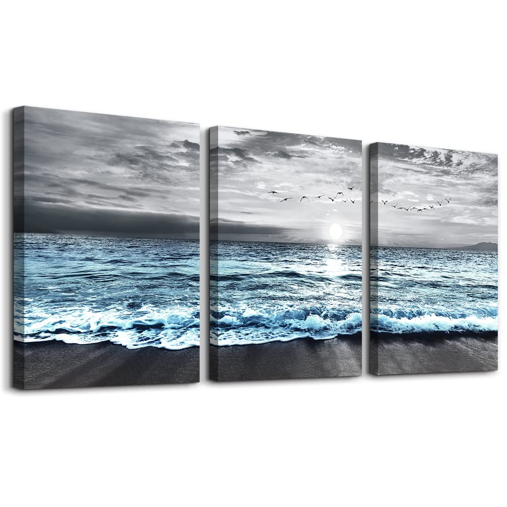 Dzrwubhs Wall Decorations For Living Room 3 Piece Framed Canvas Wall Art For Bedroom Office Wall Decor Black And White Beach Wal