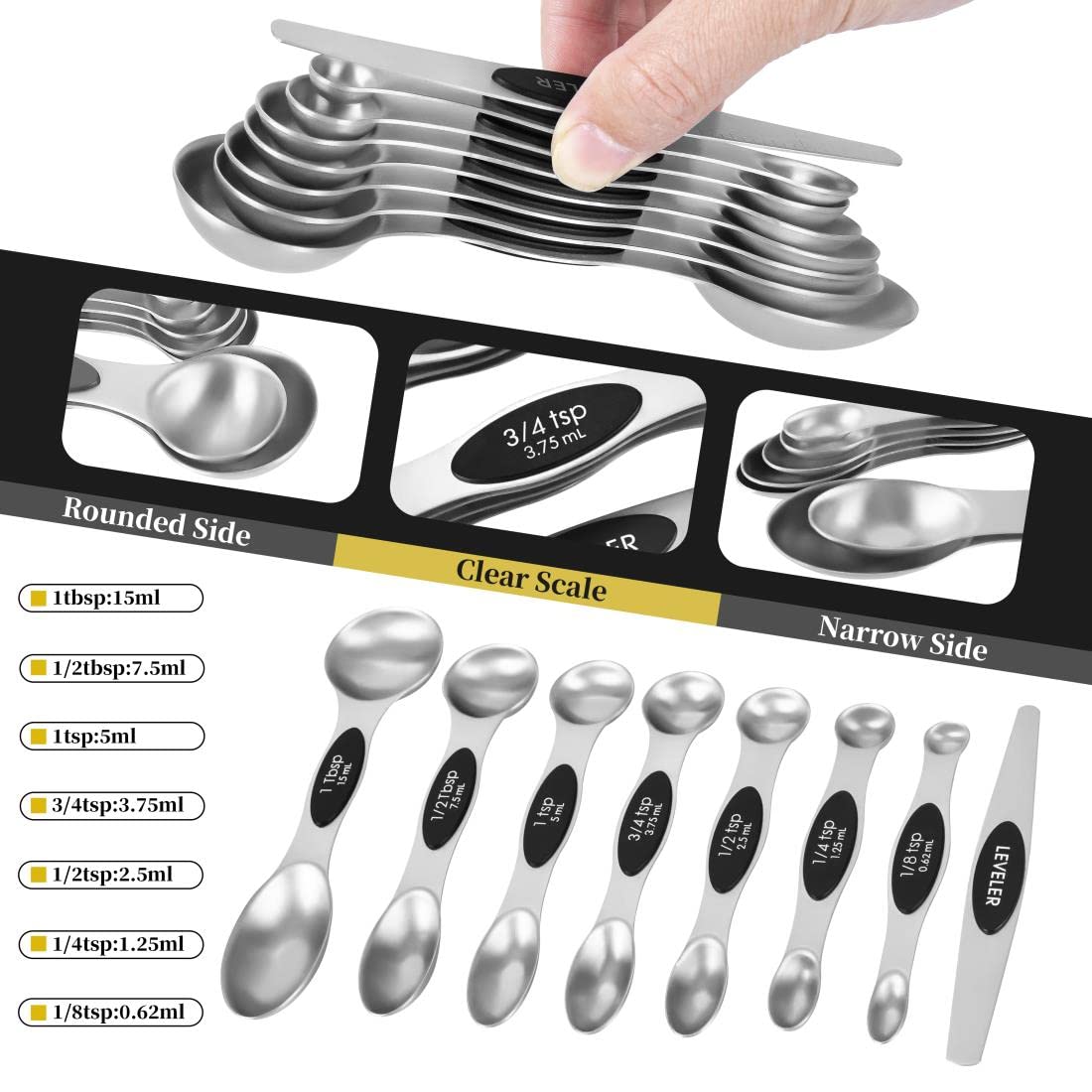 KELOFKO 16-Piece Stainless Steel Measuring Cups & Magnetic Spoons Set, Black