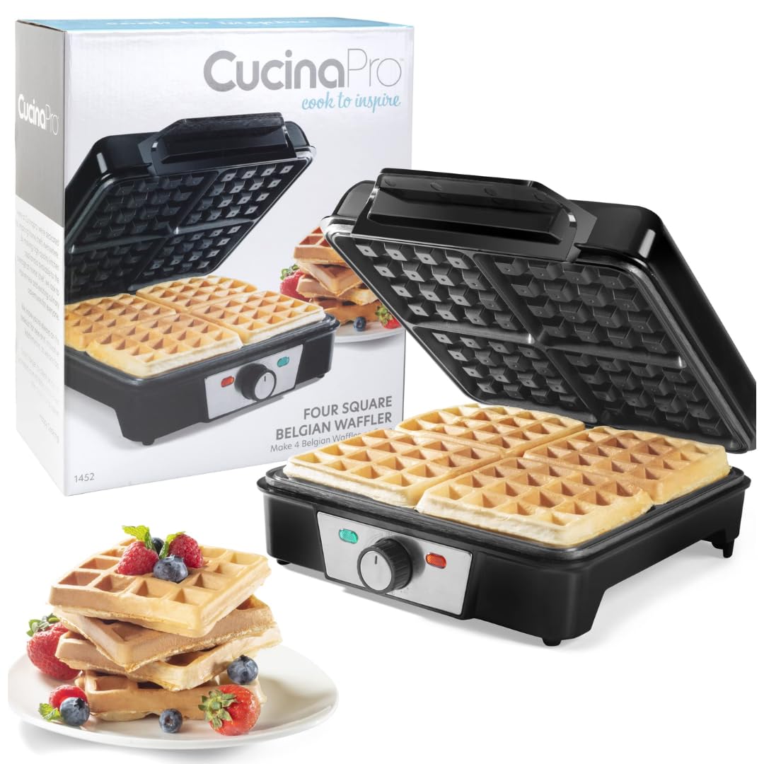 CucinaPro Four Square Belgian Waffle Maker, Extra Large Stainless Steel Kitchen Appliance w Nonstick Waffler Iron Plates- Make 4