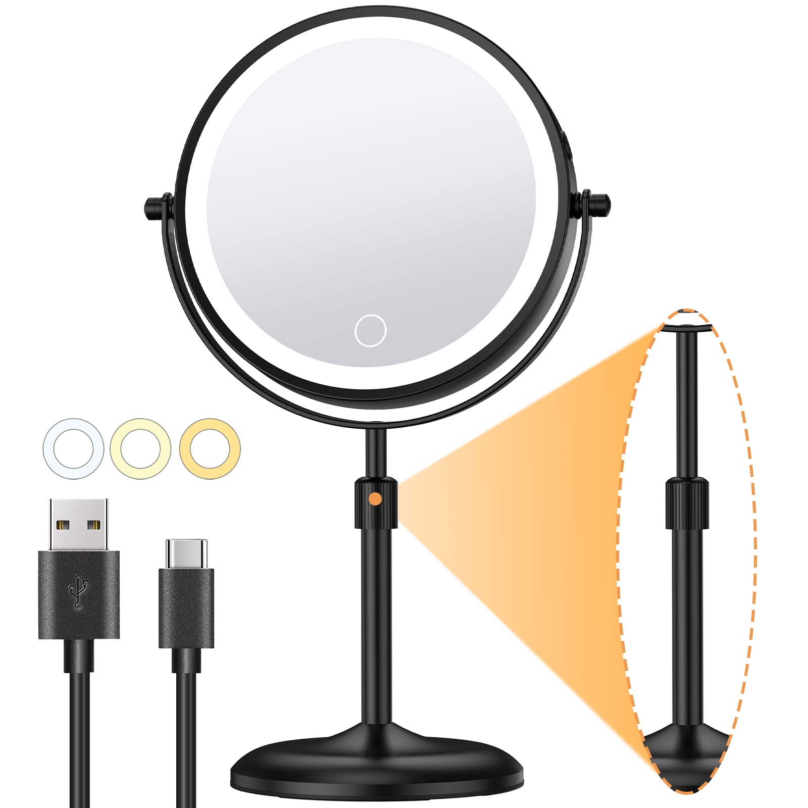 Gospire Lighted Makeup Mirror With Magnification 10X, 3 Color Dimmable Lights & Height Adjustable 7'' Cosmetic Mirror, 360 Swive