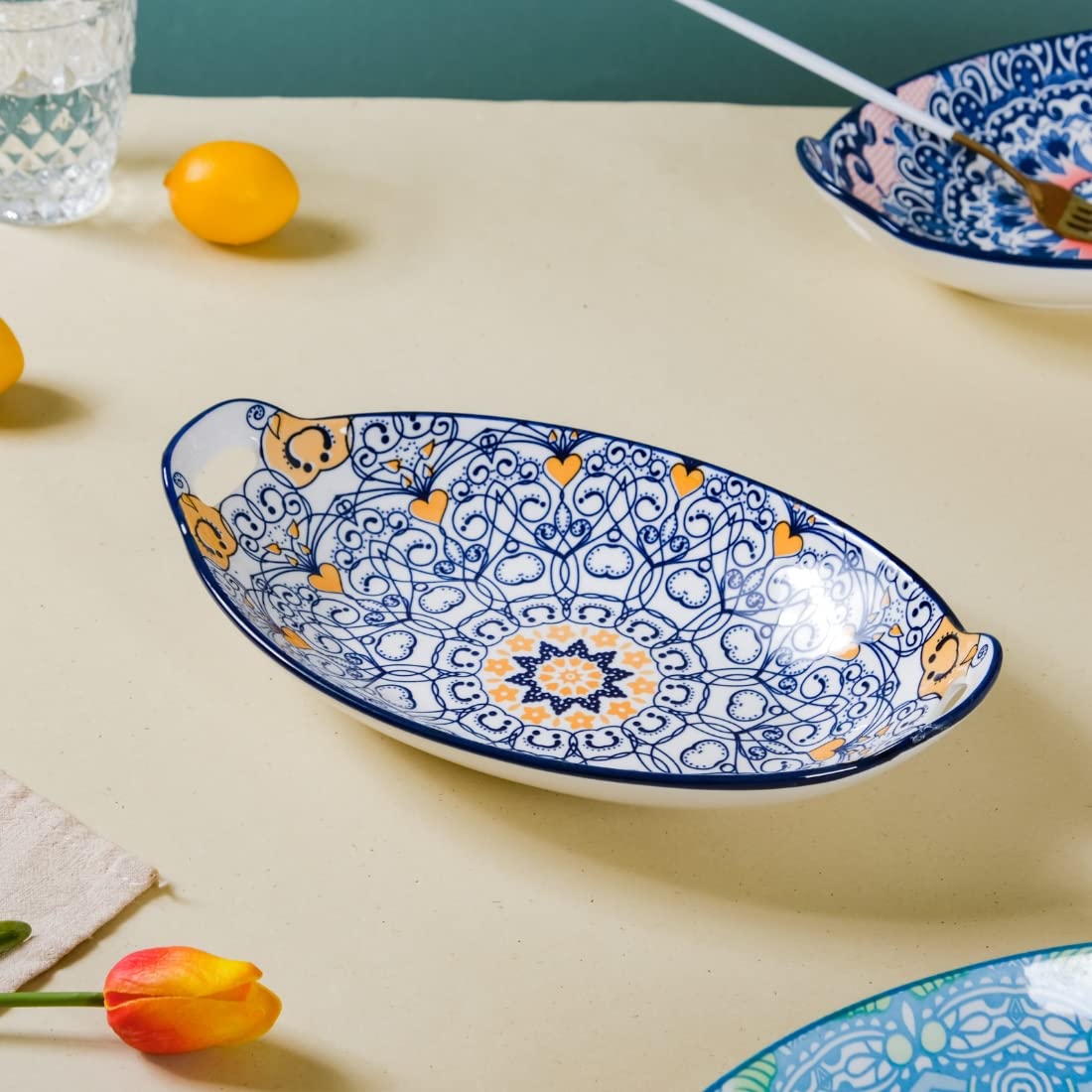 Nestasia Dark Blue Mandala Ceramic Long Dish with Handles for Serving Snacks, Appetizers, Salads, and Noodles| Microwave Safe, D