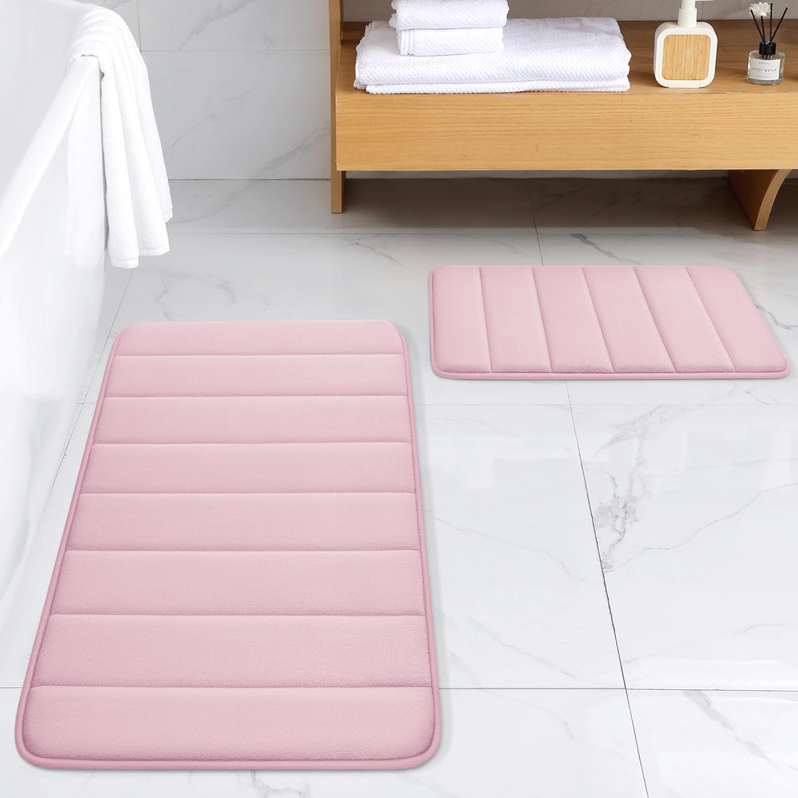 Bysure Bathroom Rugs Sets 2 Piece, Memory Foam Non Slip Extra Soft Absorbent Machine Washable Toilet Bath Mats (Pink, 17X24+20X3