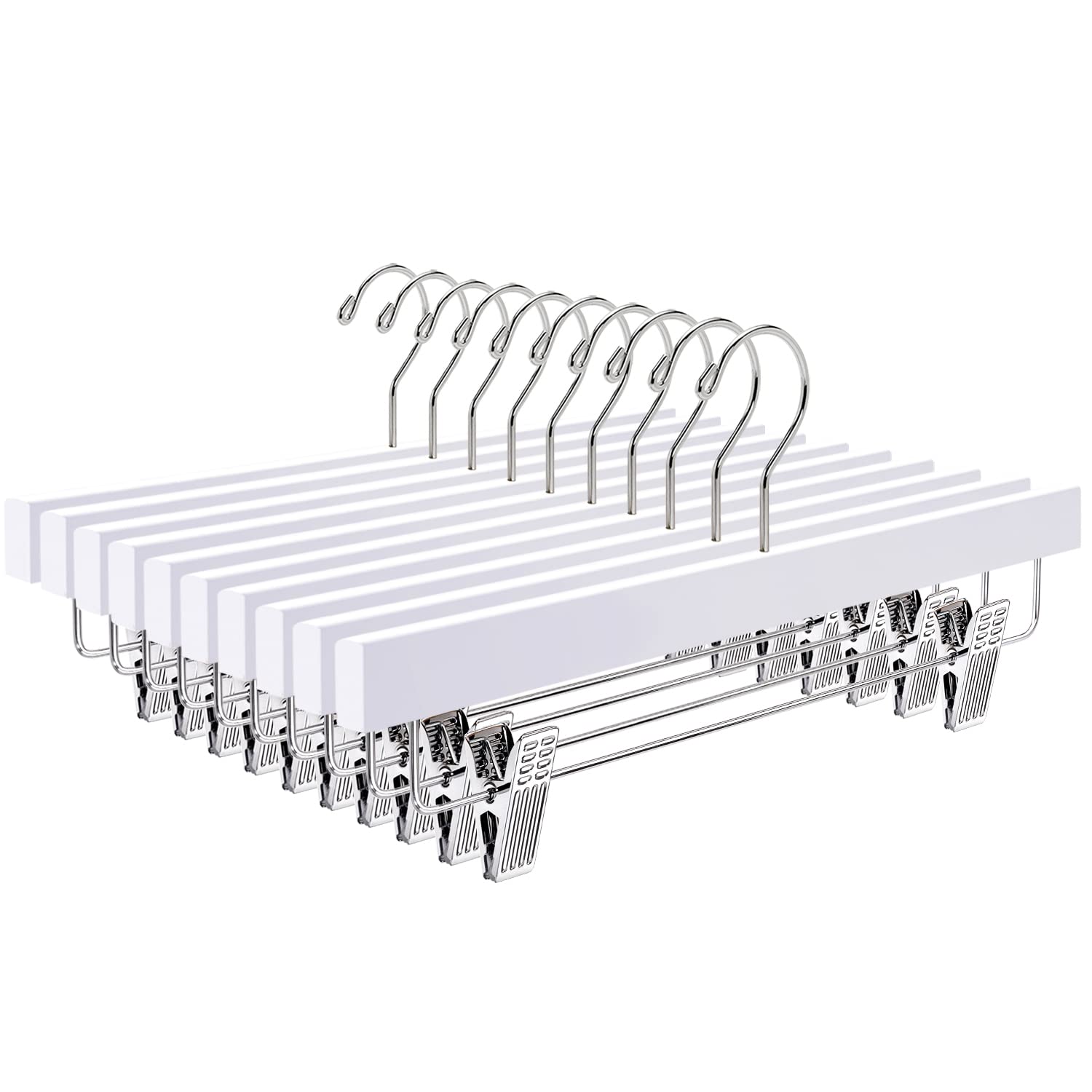 Amber Home White Wooden Pants Skirts Hangers 10 Pack, Solid Wood Trousers Bottom Hanger With 2-Adjustable Clips, Clips Hangers F
