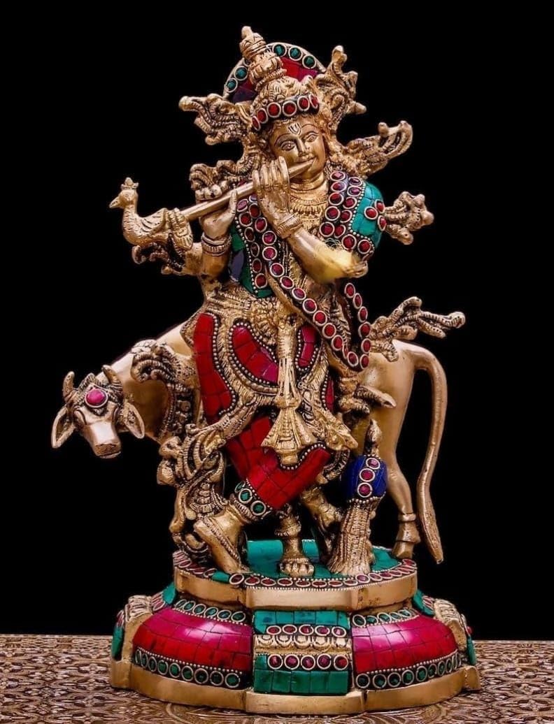 Rugdoll Kalai Brass Krishna Playing Flute With Cow Statue/Lord Shree Krishna Decorative Golden Showpiece/Home Decor