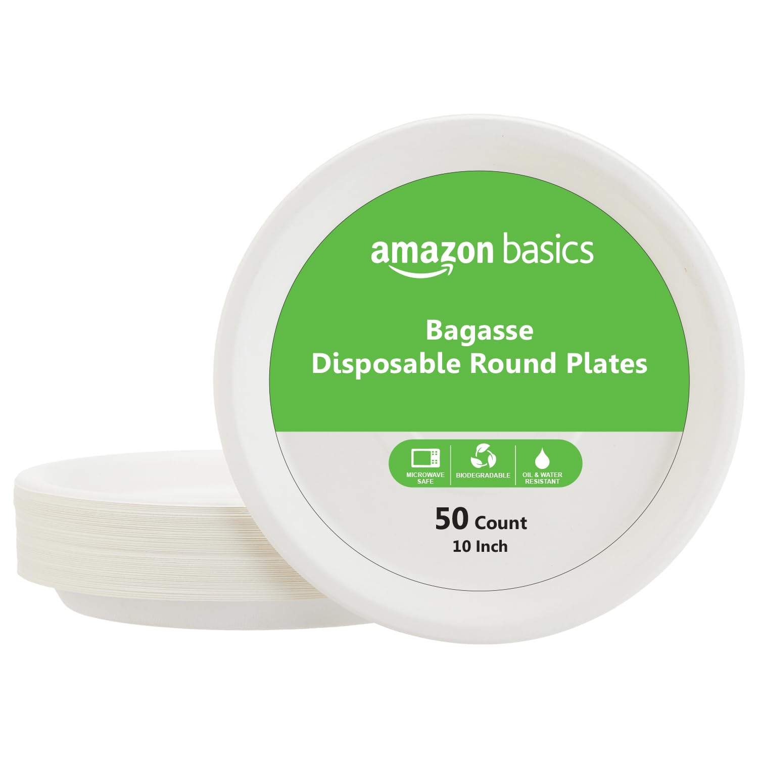 Amazon Basics Bagasse Disposable Round Plates | 10 Inch  Pack Of 50 | Biodegradable | LeakResistant | Hot & Cold Food Safe | E