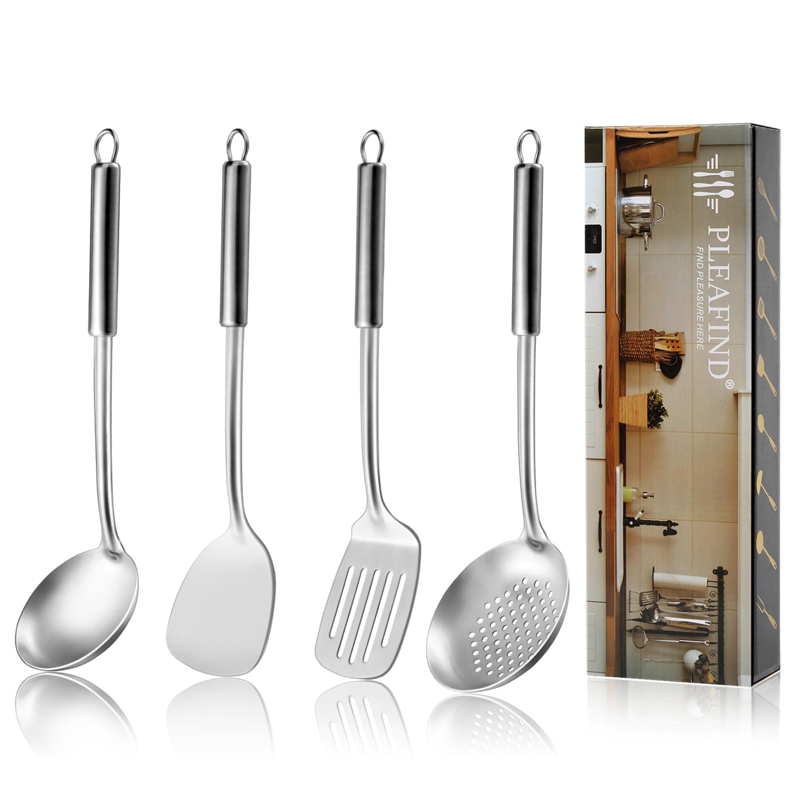 Pleafind 4-Pcs Cooking Utensils Set, Stainless Steel Kitchen Utensils, Wok Utensils Set Include Wok Ladle, Slotted Spoon, Wok Sp