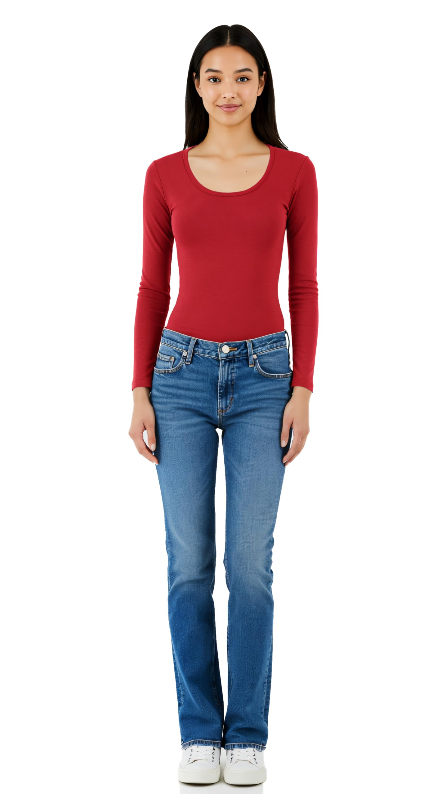 Emmalise Womens Junior And Plus Size Basic Scoop Neck Tshirt Long Sleeve Tee, Large, Red