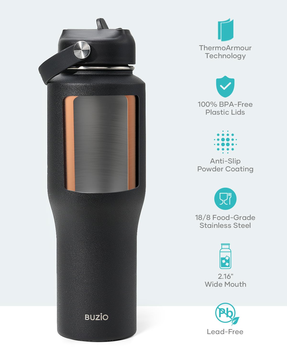 Buzio Insulated Water Bottle Fits In Cupholder, Stainless Steel Tumbler With Straw Lid 32Oz, Leak-Proof Bpa-Free Insulated Water