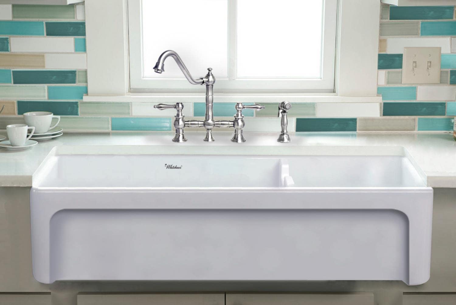 Farmhaus Fireclay Large Reversible Sink And Small Bowl With An Elegant Beveled Front Apron On One Side And A Decorative Lip On T